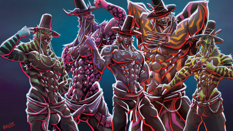 abs anthro anthro_on_anthro armpit_hair biceps big_muscles big_pecs biped body_hair bulge claws clothing deltoids finger_heart fur group headgear headwear huge_muscles looking_at_viewer male male/male male_anthro muscular muscular_anthro muscular_male obliques pecs saja_boys scales serratus side_view size_difference smile standing teeth thick_thighs tuft white_body lycanimation kpop_demon_hunters mythology avian bear canid canine canis dragon felid gryphon mammal murid murine mythological_avian mythological_canine mythological_creature mythological_scalie pantherine rat rodent scalie tiger werecanid werecanine werecreature weredragon werefelid weregryphon werepantherine wererat wererodent weretiger wereursid werewolf wolf 16:9 hi_res widescreen