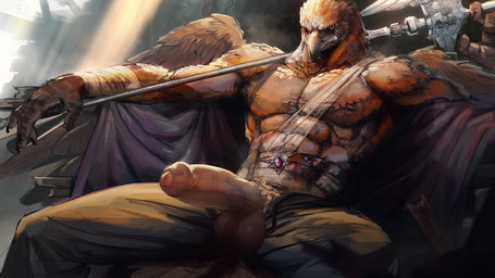 abs anthro balls bandage barazoku beak biceps big_bulge big_muscles big_penis blood bodily_fluids bottomwear bulge cape claws clothed clothing day erection feathered_wings feathers foreskin gem genitals holding_object holding_weapon huge_muscles humanoid_genitalia humanoid_penis light light_beam looking_at_viewer male melee_weapon muscular muscular_anthro muscular_male obliques outside pants pecs penis serratus sitting solo sword talon_hands topless topless_anthro topless_male underwear weapon wings wraps sinibun_95 elden_ring elden_ring_nightreign fromsoftware guardian_(nightreign) accipitrid accipitriform avian bird eagle 16:9 2025 hi_res widescreen