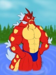 abs anthro anthrofied athletic biceps big_muscles biped blue_clothing blue_speedo blue_swimwear bulge clothed clothing fangs fin looking_at_viewer male muscular muscular_anthro muscular_male pecs pokemorph pose red_body red_eyes red_skin scales solo speedo standing swimwear teeth topless water wet whiskers yellow_body yellow_skin caseyljones nintendo pokemon fish generation_1_pokemon gyarados marine pokemon_(species) scalie shiny_pokemon