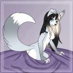 anthro bedding black_hair black_nose blanket blonde_hair blue_eyes butt ear_piercing female fur grey_body grey_fur hair looking_at_viewer nipples nude piercing pink_nipples seductive simple_background smile solo white_chest aludrakijurorin canid canine fox mammal 1:1 2017 hi_res