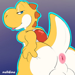 anthro anus anus_focus backsack balls big_butt biped butt butt_focus genitals looking_back male multicolored_body nude presenting presenting_anus presenting_balls presenting_hindquarters raised_tail rear_view simple_background smile solo spikes tail two_toned_body yellow_body nulldino mario_bros nintendo yellow_yoshi yoshi 1:1 hi_res
