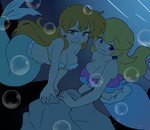 big_breasts breasts bubble cleavage clothed clothing duo ear_piercing ear_ring female gym_leader piercing ring_piercing smile split_form aokushan mario_bros nintendo pokemon princess_peach_showtime! misty_(pokemon) princess_peach humanoid marine merfolk hi_res