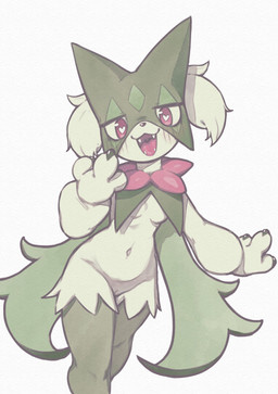 3_fingers anthro barely_visible_genitalia barely_visible_vulva blush blush_lines breast_curtains breasts claws cute_fangs fangs female female_anthro finger_claws fingers flower_(anatomy) fur genitals green_body green_fur heart_eyes heart_symbol mask navel open_mouth open_smile pink_eyes pink_nose pokemorph small_breasts smile solo teeth vulva wnkn5534421 nintendo pokemon generation_9_pokemon meowscarada pokemon_(species) 2026 absurd_res hi_res