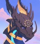 ambiguous_gender blue_glow blue_sky collar feral glowing grey_body grey_horn horn looking_at_viewer purple_sclera serious_face sky snout solo yellow_collar yellow_eyes yessys mythology dragon mythological_creature mythological_scalie scalie 2023 headshot_portrait hi_res portrait