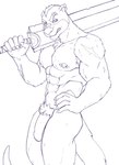 abs anthro armpit_hair band-aid bandage barbell_piercing bared_teeth biceps big_sword big_weapon biped body_hair claws ear_piercing eyebrow_piercing facial_piercing flaccid foreskin genitals glans grin hand_on_hip holding_melee_weapon holding_object holding_sword holding_weapon humanoid_genitalia humanoid_penis looking_at_viewer male melee_weapon muscular muscular_anthro muscular_male nipple_barbell nipple_piercing nipples nude partially_retracted_foreskin pecs penis piercing pose pubes scar simple_background smile solo standing sword weapon weapon_on_shoulder white_background dimtarius mammal mustelid otter digital_drawing_(artwork) digital_media_(artwork) hi_res line_art monochrome portrait sketch three-quarter_portrait