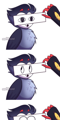 4_eyes 4_panel_comic beak black_body black_feathers derp_eyes dialated_pupils disembodied_hand duo eyelashes feathers feral feral_focus feralized fluffy fluffy_chest grey_body grey_feathers holding_object holding_paper looking_back male multi_eye paper red_fingers simple_background smile solo_focus text white_background white_face wings norithelord hellaverse helluva_boss blitzo_(helluva_boss) stolas_(helluva_boss) avian bird demon imp owl owl_demon 2021 absurd_res artist_name comic hi_res watermark
