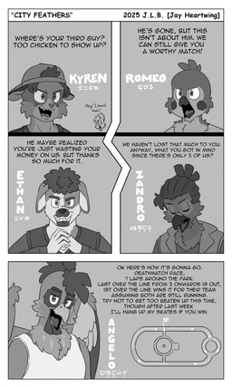anthro avian_caruncle back_wings backwards_baseball_cap backwards_hat baseball_cap beak blockage_(layout) cheek_tuft chibi clenched_teeth clothed clothing comb_(anatomy) cracking_knuckles curly_hair diagram dialogue ears_down explanation eyebrows eyes_closed facial_markings facial_tuft group hair hat head_crest head_markings head_tuft headgear headwear inner_ear_fluff jacket looking_at_viewer looking_down male markings muzzle_(marking) narrowed_eyes neck_tuft open_beak open_clothing open_jacket open_mouth open_topwear pivoted_ears raised_eyebrow sharp_teeth shirt short_hair small_nose tank_top teeth text tied_hair topwear tuft whiskers wings jayheartwing city_feathers angelo_(sammfeatblueheart) ethan_(sammfeatblueheart) kyren_(sammfeatblueheart) romeo_(sammfeatblueheart) zandro_(sammfeatblueheart) avian bird canid canine canis chicken columbid domestic_dog galliform haplorhine mammal oscine passerine phasianid pigeon primate rock_dove sparrow tarsier 2025 absurd_res artist_name baybayin_text comic comic_sans english_text greyscale hi_res monochrome