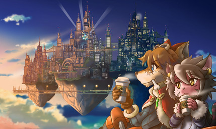 anthro beverage blue_eyes building city cityscape clothed clothing cloud coffee detailed_background duo eyewear female flying food goggles holding_object lights machine male mecha night outside red_eyes sky unknown_artist cyberconnect2 little_tail_bronx solatorobo elh_melizee red_savarin akita akita_inu american_shorthair canid canine caninu canis domestic_cat domestic_dog felid feline felineko felis mammal spitz