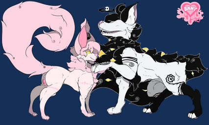 animal_genitalia animal_vulva black_hair canine_genitalia canine_vulva digitigrade_paws fangs feral genitals glowing glowing_eyes hair multi_eye open_mouth open_smile paws pink_body pink_hair quadruped raised_paw smile standing teeth vulva white_body succubusbnny canid canine fox mammal true_fox 5:3 absurd_res alpha_channel hi_res