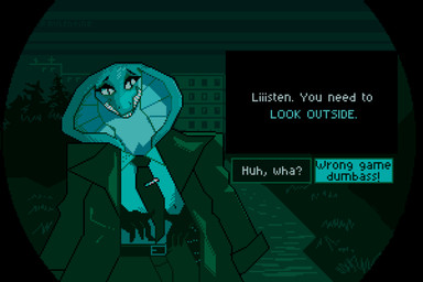 accessory anthro clothed clothing coat female gameplay_mechanics holidays necktie pushbutton shirt solo text topwear user_interface pavlentine halloween look_outside no_i'm_not_a_human alaska_(pavlentine) cobra reptile scalie snake 2025 3:2 digital_media_(artwork) english_text hi_res pixel_(artwork)
