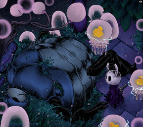 2_horns ambiguous_gender anthro biped black_eyes bubble cloak clothed clothing corpse detailed_background feral group horn lying melee_weapon nail_(weapon) on_back plant standing weapon weapon_on_back cohavmuzar hollow_knight_(franchise) team_cherry the_knight_(hollow_knight) aquatic arthropod cnidarian jellyfish medusozoan vessel_(species) 2025 hi_res