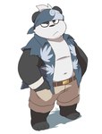 anthro belly black_body black_nose bottomwear clothed clothing kemono male navel open_clothing open_shirt open_topwear shirt shorts simple_background slightly_chubby solo topwear white_background white_body tekimi bear giant_panda mammal 2022