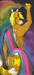 anthro butt cat_tail clothed clothing flag flag_(object) fur lgbt_pride looking_at_viewer male outside pride_colors rainbow_pride_colors rear_view simple_background smile solo standing tail tico_the_cat topless harubaki domestic_cat felid feline felis mammal 2024 digital_media_(artwork) shaded