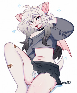 anthro bottomwear bulge clothed clothing crossdressing detailed_bulge erection erection_under_skirt femboy hair male skirt solo wings orcalx bat mammal hi_res