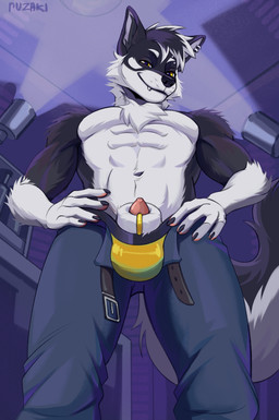 anthro bottom_view bottomwear clothing denim denim_bottomwear denim_clothing ear_piercing eyebrow_piercing facial_piercing genital_piercing genitals jeans jockstrap knot male pants penis penis_piercing piercing solo underwear ruzaki canid canine canis mammal wolf absurd_res hi_res