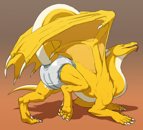 5_fingers 5_toes anthro big_wings butt claws clean_diaper clothed clothing diaper diaper_only feet fingers gradient_background long_tail male membrane_(anatomy) membranous_wings open_mouth presenting presenting_hindquarters quadruped sharp_teeth simple_background solo spikes spikes_(anatomy) tail teeth toe_claws toes tongue tongue_out topless wearing_diaper wing_spikes wings yellow_body crackajackin mythology kicks_(kicks) dragon mythological_creature mythological_scalie scalie 2013 digital_media_(artwork) hi_res