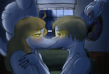 5_fingers after_kiss ahoge anthro bedroom big_butt black_eyes blonde_hair bodily_fluids bubble_butt butt butt_grab detailed_background digit_ring duo erection female fingers freckled_arms freckled_butt freckled_chest freckled_face freckles genital_fluids genitals good_clean_married_sex grey_body grey_scales hair hand_on_butt holding_penis husband husband_and_wife imminent_sex inside jewelry leaking_precum long_hair long_tail male male/female married_couple nude nude_anthro nude_female nude_male penis precum ring romantic romantic_couple saliva saliva_string scales short_hair snout tail wedding_ring white_eyes wife yellow_sclera joebamna cavemanon_studios snoot_game aimo_(snoot_game) tarja_(snoot_game) dinosaur prehistoric_species reptile saurischian scalie theropod troodon troodontid 2025 absurd_res digital_drawing_(artwork) digital_media_(artwork) hi_res