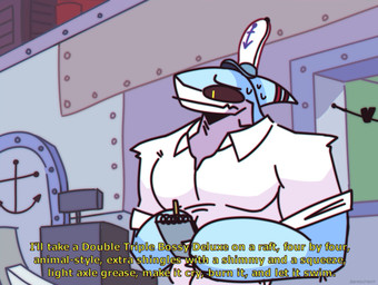 anthro black_sclera bodily_fluids cash_register clothed clothed_anthro clothed_male clothing collared_shirt detailed_background dialogue fin flesh_fang front_view furrowed_eyebrows hair head_fin holding_object inside looking_aside male mouth_closed muscular muscular_anthro muscular_male nervous nervous_sweat offscreen_character pupils red_stripes shirt slit_pupils solo striped_fin stripes sweat sweaty_head text topwear white_clothing white_collared_shirt white_hair white_shirt white_topwear yellow_eyes skykdotidot nickelodeon spongebob_squarepants sky_k.i._(character) aquatic fish shark 2024 artist_name digital_drawing_(artwork) digital_media_(artwork) english_text half-length_portrait portrait