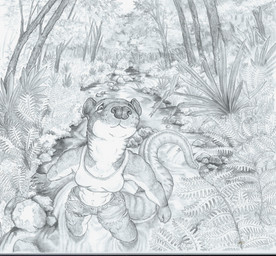 5_fingers abs anthro athletic athletic_anthro athletic_female biped bottomwear breasts cleavage clothed clothing countershade_arms countershade_face countershade_legs countershade_tail countershade_torso countershading crop_top curious daisy_dukes denim denim_bottomwear denim_clothing denim_shorts female fern fingers fist foreshortening forest high-angle_view hotpants humanoid_hands jungle looking_at_viewer looking_up medium_breasts midriff nature navel outside partially_submerged perspective plant pockets river rock scales shirt shorts shrub smile snout solo standing tail topwear tree water whisker_spots zaphkiellane rakali_(zaphkiellane) afrosoricid giant_potamogale mammal potamogale tenrec 2015 absurd_res graphite_(artwork) greyscale hi_res monochrome traditional_media_(artwork)