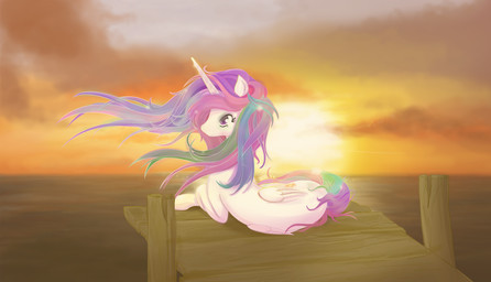 cloud cutie_mark feathered_wings feathers female feral fur hair horn multicolored_hair outside purple_eyes sky solo sun sunset tail water white_body white_feathers white_fur wings wood v-invidia friendship_is_magic hasbro my_little_pony mythology princess_celestia_(mlp) equid equine mammal mythological_creature mythological_equine winged_unicorn