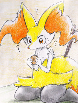 ambiguous_anthro ambiguous_gender anthro biped blush blush_lines bodily_fluids digitigrade flat_chested food front_view holding_food holding_object kneeling object_in_tail question_mark seiza simple_background sitting snout solo stick stick_in_tail sweat sweatdrop tail three-quarter_view wavy_mouth eiroru nintendo pokemon braixen canid generation_6_pokemon mammal pokemon_(species) 2019 colored_pencil_(artwork) full-length_portrait graphite_(artwork) hi_res japanese_description portrait traditional_media_(artwork) translated_description