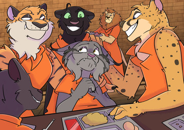 embarrassed flirting grin group lunch_tray lunchroom male male/male prison prison_uniform prisoner smile eb1987land disney zootopia pawbert_lynxley domestic_cat felid feline felis leopard lion lynx mammal pantherine tiger absurd_res hi_res