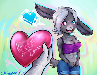5_fingers adolescent ambiguous_gender anthro blue_clothing blue_eyes bottomwear breasts buckteeth clothed clothing countershading crop_top duo ear_piercing ear_ring eyelashes faceless_character female fingers flirting flirting_with_viewer fur furgonomic_piercing furgonomics grey_body grey_fur hair heart_symbol heterochromia holding_object impregnation_request light_belly looking_at_viewer midriff open_mouth piercing pink_eyes pink_nose pink_tongue purple_clothing ring_piercing shirt short_hair shorts solo_focus spots teeth text tongue topwear white_hair young conditional_dnp ligynkey anon lagomorph leporid mammal rabbit digital_media_(artwork) english_text signature