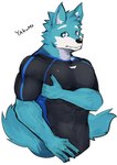 abs anthro biceps blue_body blue_eyes blue_fur clothing fur hair male multicolored_body multicolored_fur muscular muscular_male pecs shirt simple_background solo spandex_clothing standing topwear two_tone_body two_tone_fur white_background asleepchef yakumo_(asleepchef) canid canine canis domestic_dog hybrid mammal wolf absurd_res hi_res