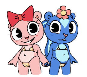 accessory anthro big_eyes bikini bikini_bottom bikini_top blue_body blue_fur blush bow_tie camel_toe clothing duo female flower flower_in_hair fur gold_bikini gold_bikini_bottom gold_bikini_top hair hair_accessory hand_holding heart_nose heart_symbol humanoid_hands navel pink_body pink_fur pink_nose plant simple_background standing swimwear two-piece_swimsuit white_background myra_(artist) golden_week happy_tree_friends giggles_(htf) petunia_(htf) mammal mephitid rodent sciurid skunk tree_squirrel low_res