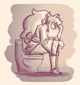 anthro bodily_fluids boots clothed clothing clothing_lift dress dress_lift female footwear implied_scat panties panties_down partially_clothed pooping shoes sitting sitting_on_toilet solo steam struggling sweat sweatdrop toilet toilet_use underwear underwear_down kanaii undertale_(series) undertale_yellow ceroba_ketsukane canid canine fox mammal true_fox