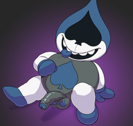 balls belly big_belly blue_glans blue_tongue bodily_fluids clothing eyeless foreskin front_view genitals glans gloves grey_balls grey_penis handwear humanoid_genitalia humanoid_penis male not_furry open_mouth open_smile partially_retracted_foreskin penis purple_background saliva simple_background sitting smile solo spades_(suit) suit_symbol teeth tight_clothing tongue tongue_out white_body young nokemop deltarune undertale_(series) lancer_(deltarune) darkner humanoid 2018 absurd_res hi_res