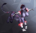 abstract_background big_breasts breasts cheek_tuft chest_tuft facial_tuft female fur grey_body grey_fur grey_hair hair huge_breasts markings multicolored_hair nipples red_eyes red_hair red_markings solo striped_back striped_legs striped_markings striped_tail stripes tail tail_markings transformation tuft two_tone_hair tiggybloom chakat felid felid_taur mammal mammal_taur taur 2018 dated signature herm_(lore)