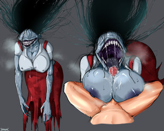areola black_hair blue_areola blue_body blue_skin bodily_fluids breast_play breasts clothing dress duo eyeless fellatio female gaping_mouth genitals hair horror_(theme) human_penetrating large_tongue light-skinned_male long_hair male male/female messy_hair nails nipples open_mouth oral paizufella penetration penile penis purple_gums red_clothing red_dress saliva saliva_on_penis saliva_on_tongue sex sharp_nails sharp_teeth shirt smile teeth titfuck titfuck_fellatio tongue tongue_out topwear white_clothing white_shirt white_topwear hikinks asian_mythology east_asian_mythology ghostwire:_tokyo japanese_mythology mythology lamentation_(ghostwire:_tokyo) ghost human humanoid mammal monster monstrous_humanoid spirit yokai 2022 5:4 hi_res