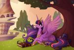 book canterlot crown feathered_wings feathers female feral headgear horn jewelry necklace outside plant smile solo tree wings 28gooddays badday28 friendship_is_magic hasbro my_little_pony mythology twilight_sparkle_(mlp) equid equine mammal mythological_creature mythological_equine winged_unicorn 2018 hi_res