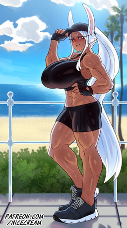 beach big_breasts biped black_clothing bodily_fluids breasts clothed clothing detailed_background eyebrows eyelashes female hair long_hair looking_at_viewer mouth_closed navel outside pupils solo sweat text thick_thighs nicecream my_hero_academia rumi_usagiyama animal_humanoid humanoid lagomorph lagomorph_humanoid leporid_humanoid mammal mammal_humanoid rabbit_humanoid absurd_res hi_res
