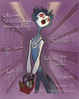 anthro apple basket beak bottomwear bread chest_tuft clothed clothing container dialogue feathers food fruit head_turned holding_basket holding_container holding_object male multi_eye open_mouth pants plant profanity red_eyes shirt shopping shopping_basket solo tail tail_feathers text topwear tuft x_eyes atimon beauty_and_the_beast disney hellaverse helluva_boss belle_(beauty_and_the_beast) stolas_(helluva_boss) avaian demon mammal mouse murid murine rodent 2025 hi_res signature