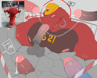 anthro balls barazoku bodily_fluids bouncing_balls cum cum_drip cum_in_mouth cum_inside dripping fellatio fire_hydrant firefighter foreskin genital_fluids genitals group humanoid_genitalia humanoid_penis leaking_cum male male/male oral oral_penetration pecs penetration penile penis public public_sex saliva sex street ilon mythology dragon mythological_creature mythological_scalie scalie animated hi_res loop no_sound reference_image short_playtime video