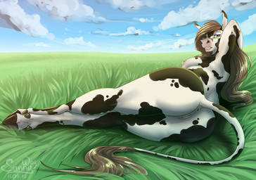 anthro anus biped blue_sky breasts butt cloud cloudy_sky day detailed_background eyewear female field fur genitals glasses grass hair hand_behind_head looking_at_viewer looking_back lying nipples nude on_side outside plant presenting presenting_hindquarters sky solo tail_anus vulva sunny_way mary_(marefurryfan) bovid bovine cattle dairy_cattle holstein_friesian_cattle mammal 2019