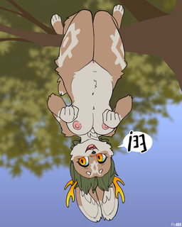 anthro antlers areola belly_tuft blurred_background breasts brown_body brown_fur buckteeth cheek_tuft chest_tuft day dialogue dipstick_tail facial_tuft feet female fur genitals gloves_(marking) green_hair hair hanging_from_branch horn inner_ear_fluff innie_vulva markings medium_breasts multicolored_body multicolored_fur navel nipples nude open_mouth outer_labia outside plant short_hair short_tail slightly_chubby solo speech_bubble tail tail_markings tan_body tan_fur teeth toeless_(marking) tree tuft two_tone_body two_tone_fur upside_down vulva yellow_eyes foxboy83 atlyss isamore_(primonyr) lagomorph leporid mammal poon_(atlyss) rabbit 4:5 absurd_res colored digital_media_(artwork) flat_colors full-length_portrait hi_res portrait