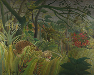 ambiguous_feral ambiguous_gender crouching detailed_background digitigrade electricity fangs feral forest grass jungle leaf lightning markings nature nature_background outside plant quadruped raining side_view sky solo standing storm striped_body striped_markings striped_tail stripes tail tail_markings teeth tree whiskers henri_rousseau public_domain felid mammal pantherine tiger 1891 19th_century absurd_res ancient_art dated hi_res oil_painting_(artwork) painting_(artwork) signature traditional_media_(artwork) traditional_painting_(artwork)