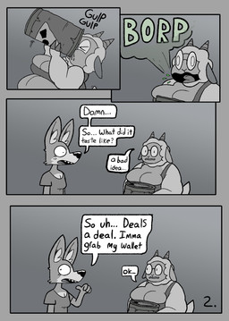 anthro big_breasts breasts burping chugging clothing dialogue drinking duo eyewear fur glasses horn male metal metal_barrel metal_container overweight overweight_anthro overweight_male shirt speech_bubble text topwear toxic_waste toxic_waste_barrel wearing_glasses wool_(fur) wool_hair living_lupis shawn_(living_lupis) bovid canid canine canis caprine mammal sheep wolf 2025 black_and_white comic english_text hi_res monochrome