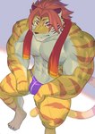 abs anthro bulge clothing fur hair male muscular muscular_anthro muscular_male pecs red_eyes red_hair solo speedo striped_body striped_fur stripes swimwear towel eggplant_nacl lifewonders tokyo_afterschool_summoners nomad_(tas) felid mammal pantherine tiger hi_res