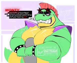 anthro biceps blush bracelet cocky_smile dialogue dirty_talk duo eyewear green_body hair head_between_pecs jewelry machine male mohawk muscular muscular_anthro muscular_male onomatopoeia pecs red_hair sharp_teeth shoulder_pads smile sound_effects spiked_bracelet spikes sunglasses tail teeth text yellow_body fredrick7298 five_nights_at_freddy's five_nights_at_freddy's:_security_breach scottgames steel_wool_studios anon montgomery_gator alligator alligatorid animatronic crocodilian human mammal reptile robot scalie english_text