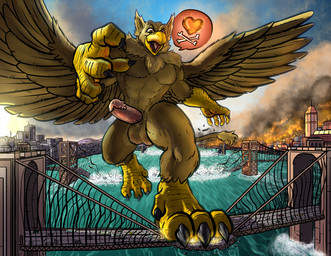 4_toes 5_fingers abs anthro balls beak biceps biped bridge brown_body building building_destruction city city_background city_crushing city_destruction cityscape claws destruction detailed_background erection feathered_wings feathers feet finger_claws fingers fire genitals humanoid_genitalia looking_at_viewer macro macro_anthro macro_male male muscular muscular_anthro muscular_male nude open_mouth outside paws pecs penile penis rampage river sky smile solo tail toe_claws toes vehicle vehicle_destruction water wings tyrnn mythology carpo avian gryphon mythological_avian mythological_creature hi_res