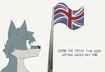 anthro dialogue flag flag_pole humor male simple_background solo speech_bubble text union_jack white_background mangoyena canid canine canis mammal wolf english_text