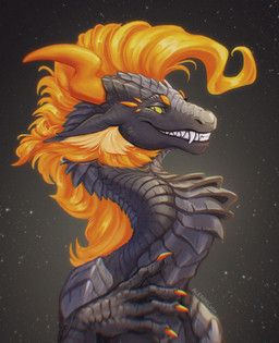 black_body black_scales claws female feral golden_mane green_eyes horn scales smile solo teeth alerrel european_mythology mythology lerrel_dragonis dragon mythological_creature mythological_scalie scalie western_dragon 2026 hi_res