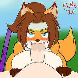anthro blush blushing_at_viewer bodily_fluids duo fellatio female first_person_view human_on_anthro interspecies looking_at_viewer male male/female nude oral penile saliva saliva_string sex mcnuggetronis_(artist) asami_the_furry_samurai asami_(atfs) canid canine fox human mammal 1:1 hi_res