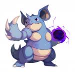 blue_eyes claws energy female feral horn pokemon_move shadow_ball simple_background solo bluekomadori nintendo pokemon generation_1_pokemon nidoqueen pokemon_(species) 2016 hi_res