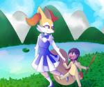 ambiguous_gender anthro clothed clothing duo female simple_background smile kitsunekotaro nintendo pokemon drake_lyra fan_character minx_lyra braixen canid canine generation_6_pokemon human mammal pokemon_(species) 2017 digital_media_(artwork)