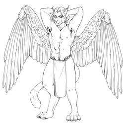 anthro armpit_hair body_hair feathered_wings feathers male pose roman simple_background solo wings postey xtious felid mammal pantherine vampire 1:1 hi_res monochrome